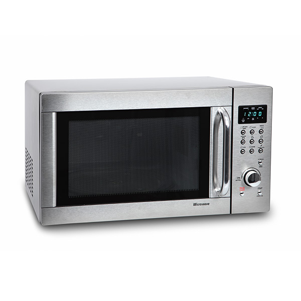 silver microwave on white